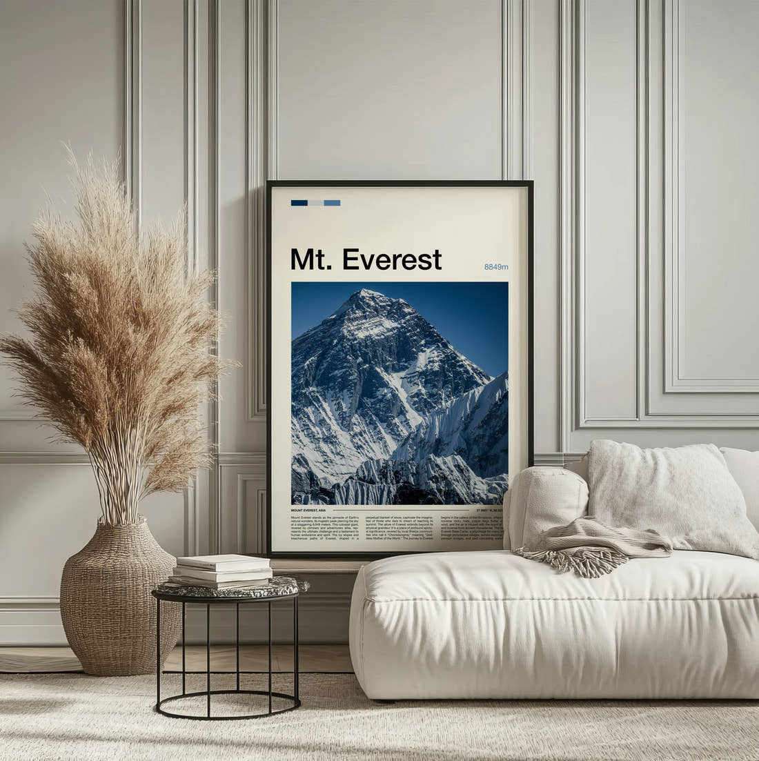 Mount Everest Snow Capped Summit Travel Print framed on the wall of a calm, neutral bedroom