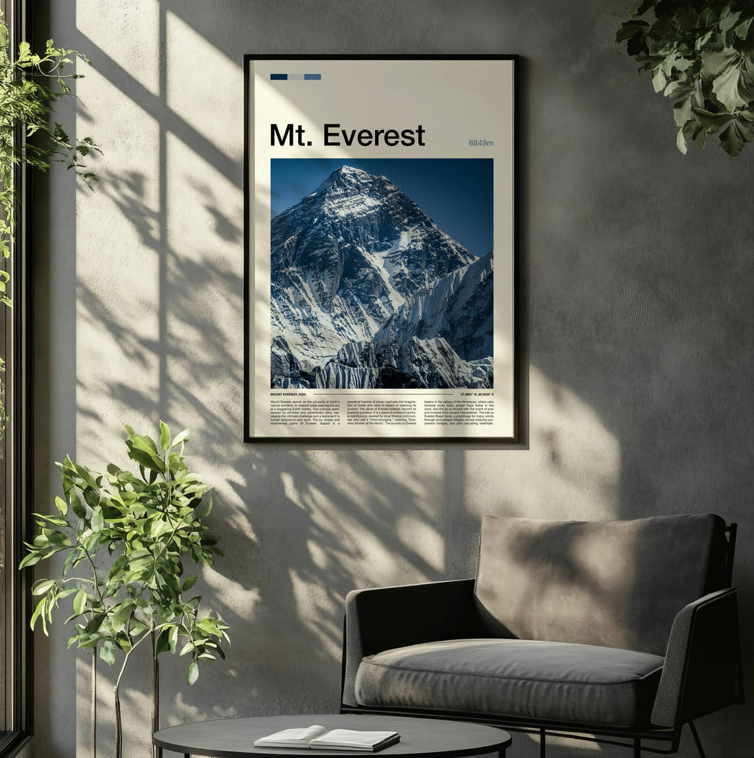 Mount Everest Snow Capped Summit Travel Print framed on the wall of a relaxed living room