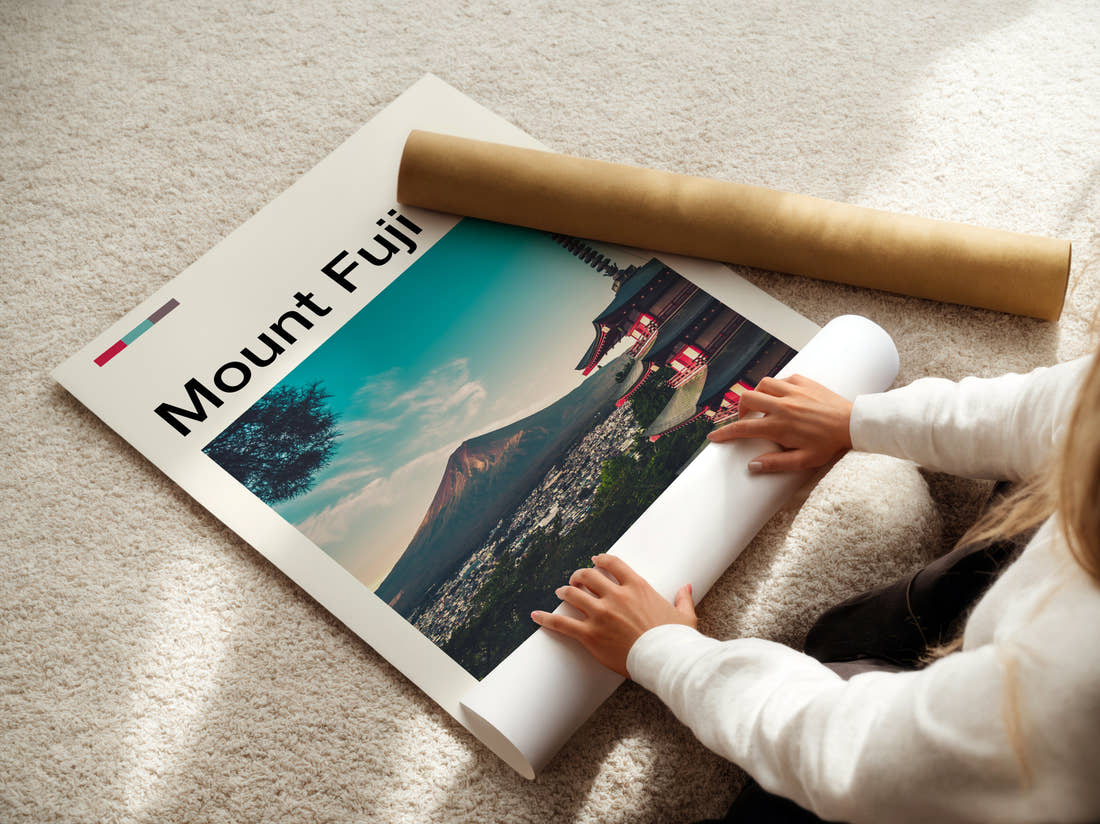 Mount Fuji Chureito Pagoda Travel Print being unrolled from its postal tube