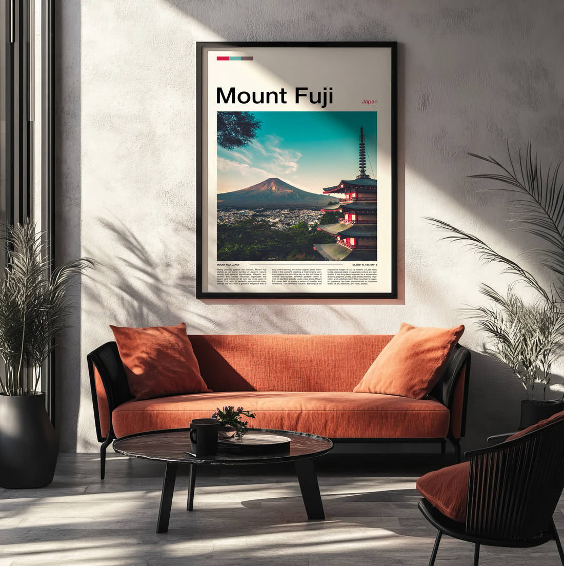 Mount Fuji Chureito Pagoda Travel Print framed on the wall of a modern living room