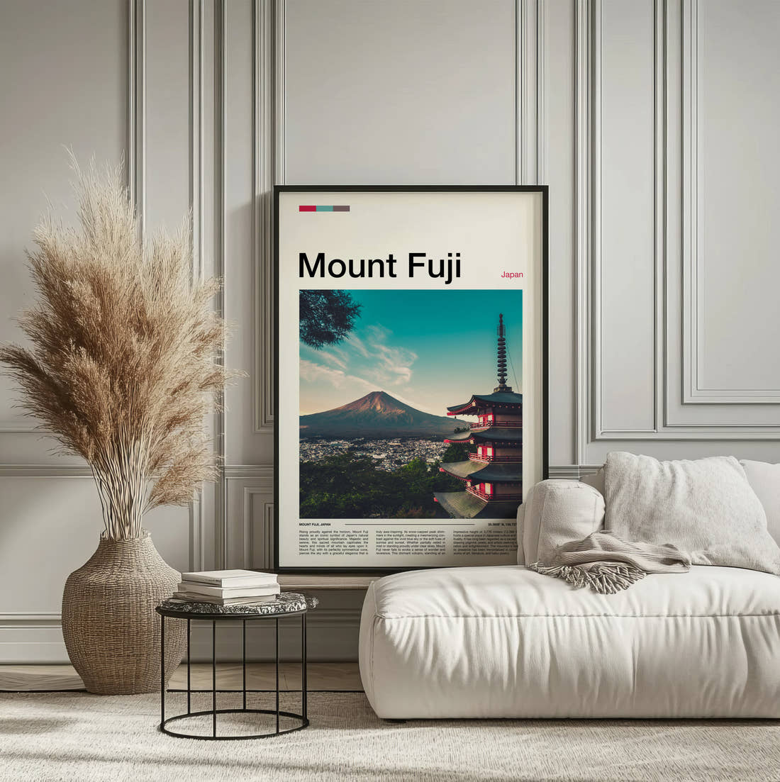 Mount Fuji Chureito Pagoda Travel Print framed on the wall of a calm, neutral bedroom