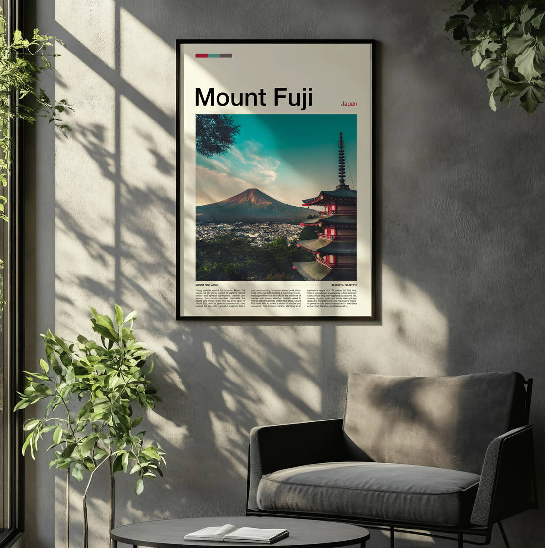 Mount Fuji Chureito Pagoda Travel Print framed on the wall of a relaxed living room