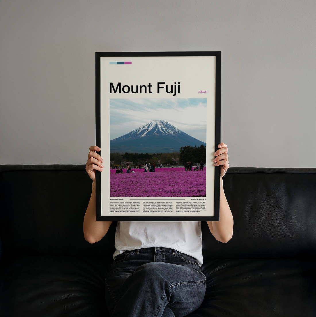 Mount Fuji Pink Flower Fields Travel Print held up by hand to show the size of the print