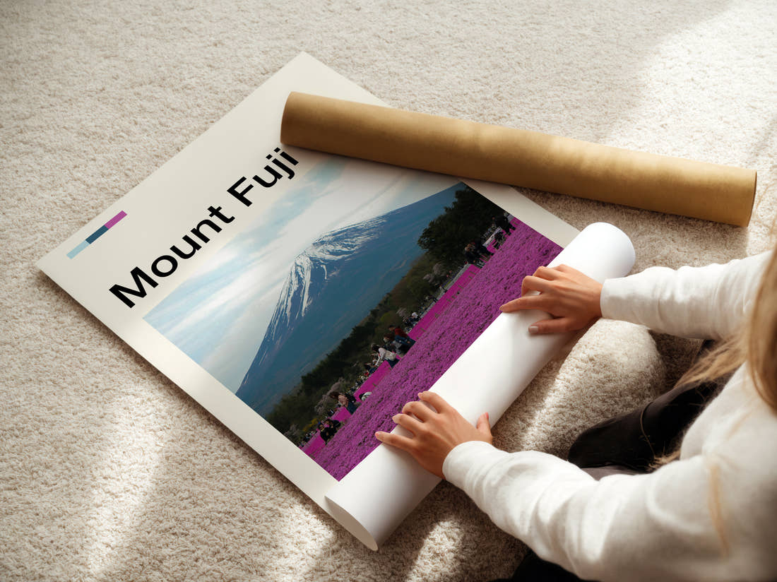 Mount Fuji Pink Flower Fields Travel Print being unrolled from its postal tube