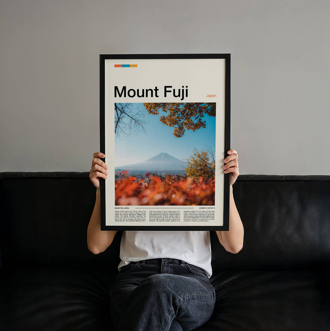 Mount Fuji Autumn Leaves Travel Print held up by hand to show the size of the print