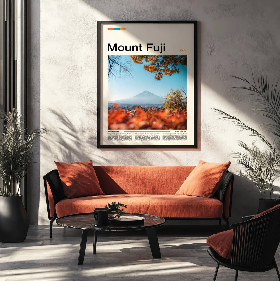 Mount Fuji Autumn Leaves Travel Print framed on the wall of a modern living room