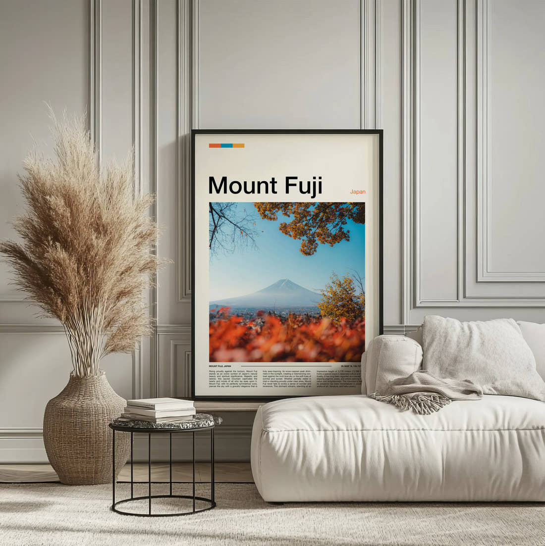 Mount Fuji Autumn Leaves Travel Print framed on the wall of a calm, neutral bedroom