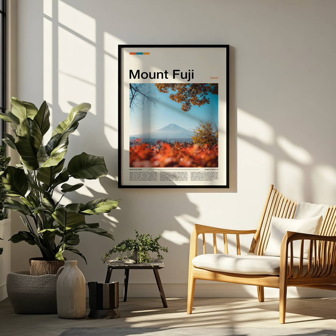 Mount Fuji Autumn Leaves Travel Print framed on a pale wall beside houseplants