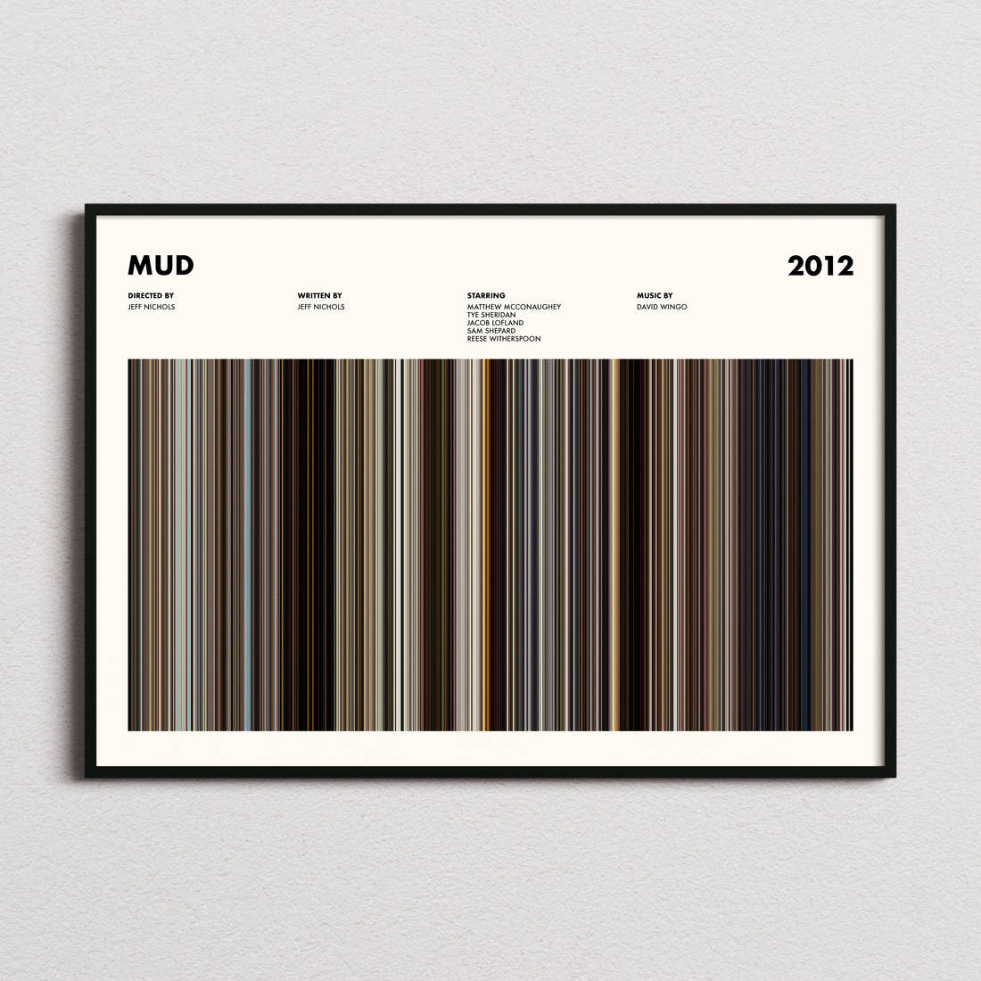 Mud Movie Barcode Poster framed and photographed straight on