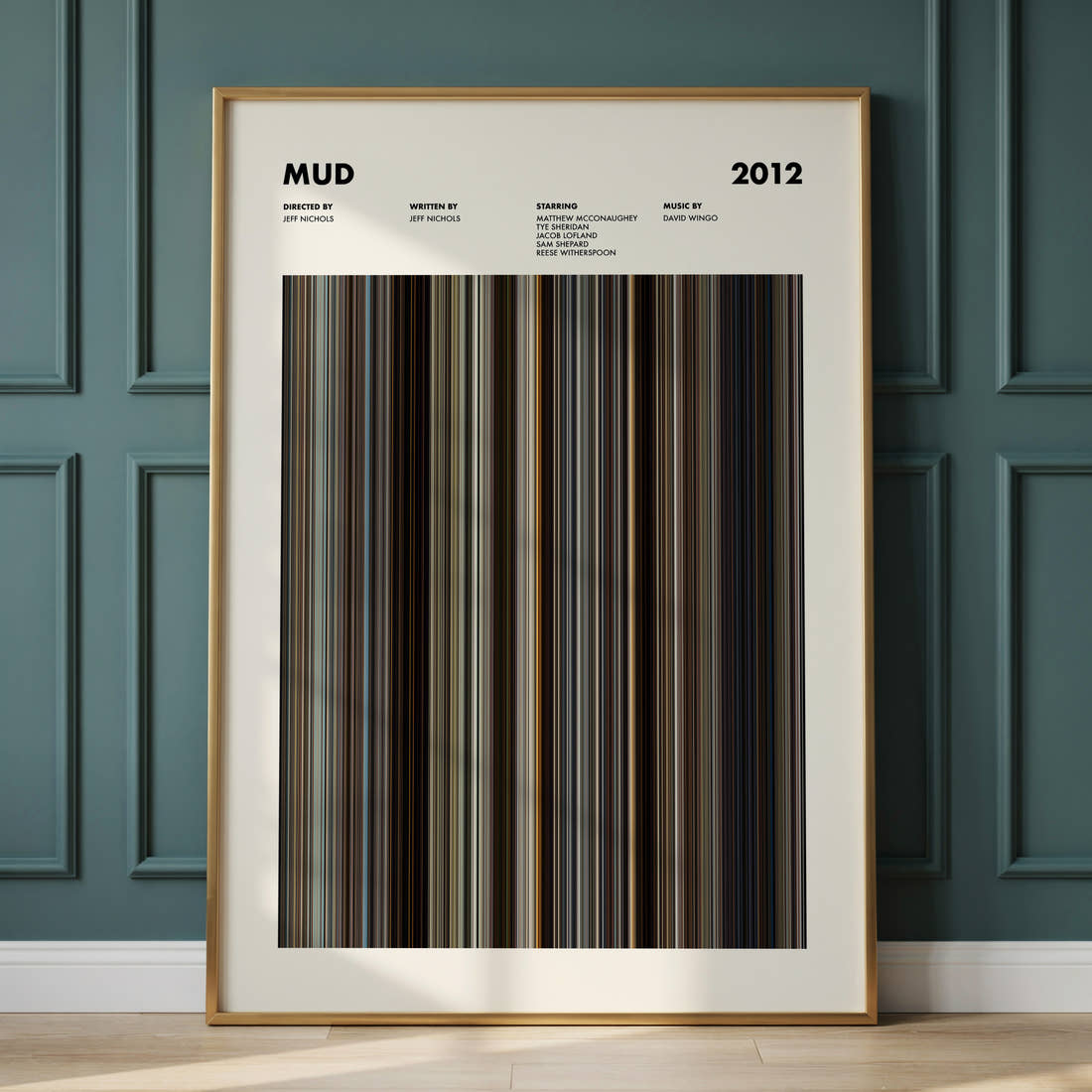 Mud Movie Barcode Poster framed and leaning against a panelled wall