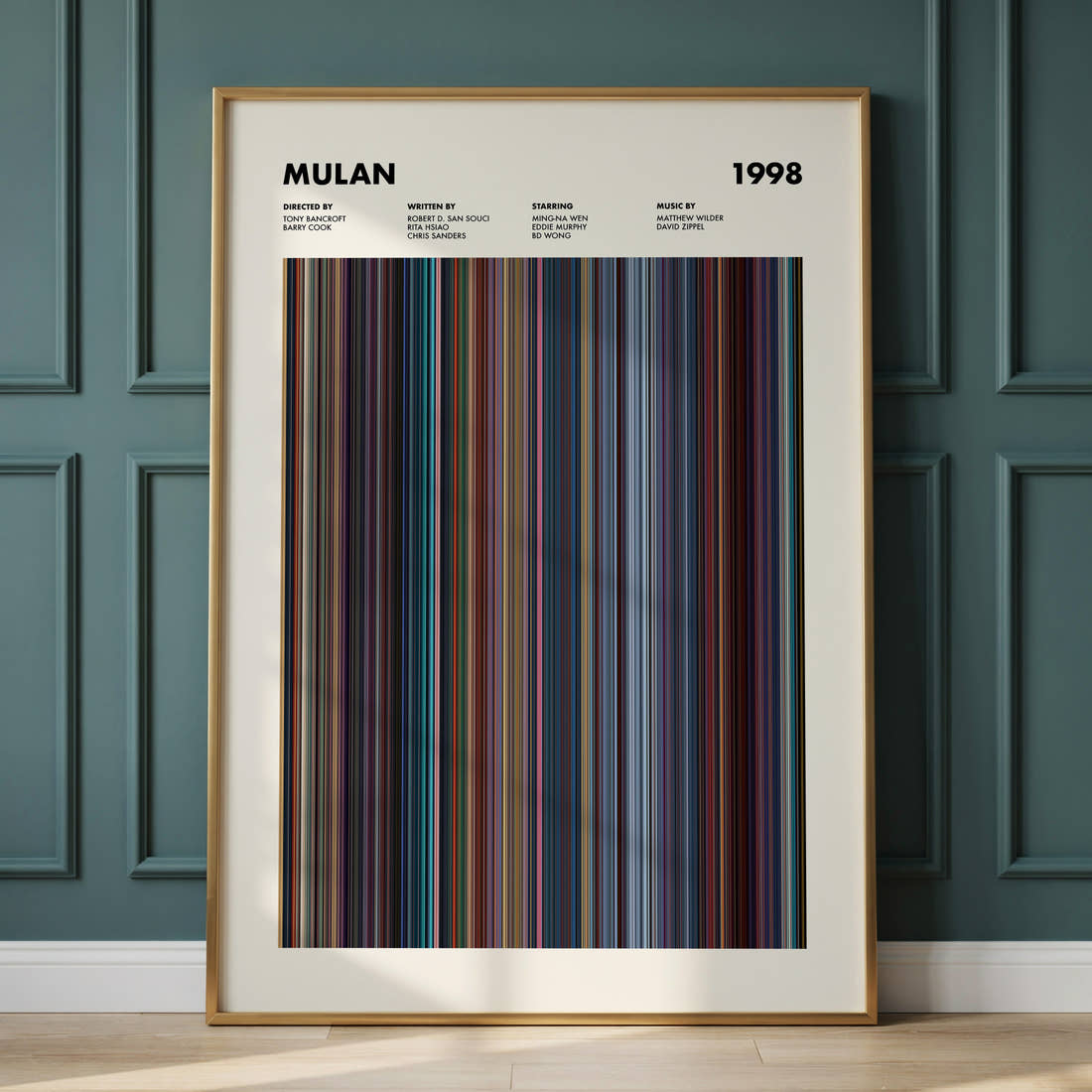 Mulan Movie Barcode Poster framed and leaning against a panelled wall