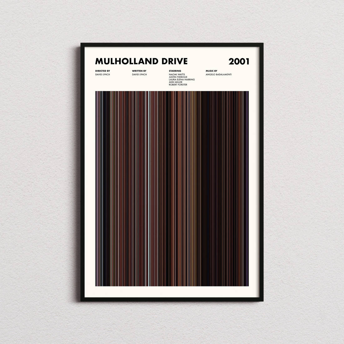 Mulholland Drive Movie Barcode Poster framed on a plain studio wall