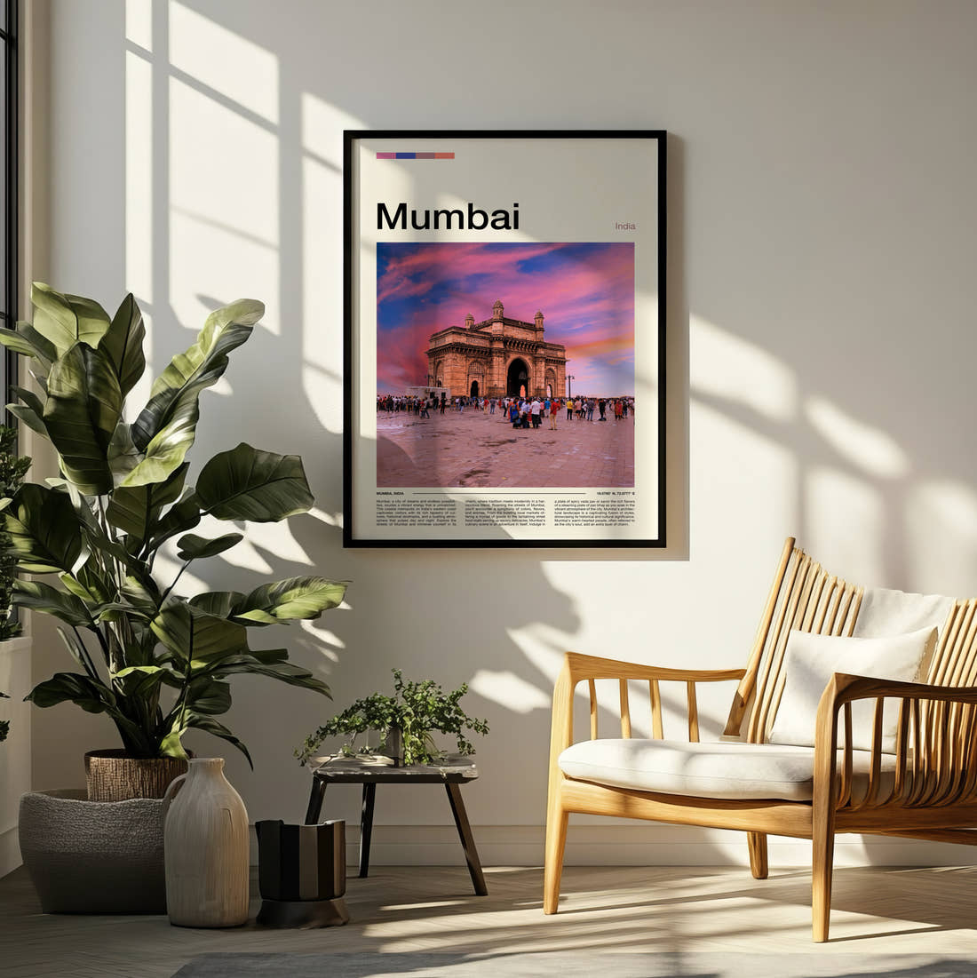 Mumbai Gateway Of India Travel Print framed on a pale wall beside houseplants