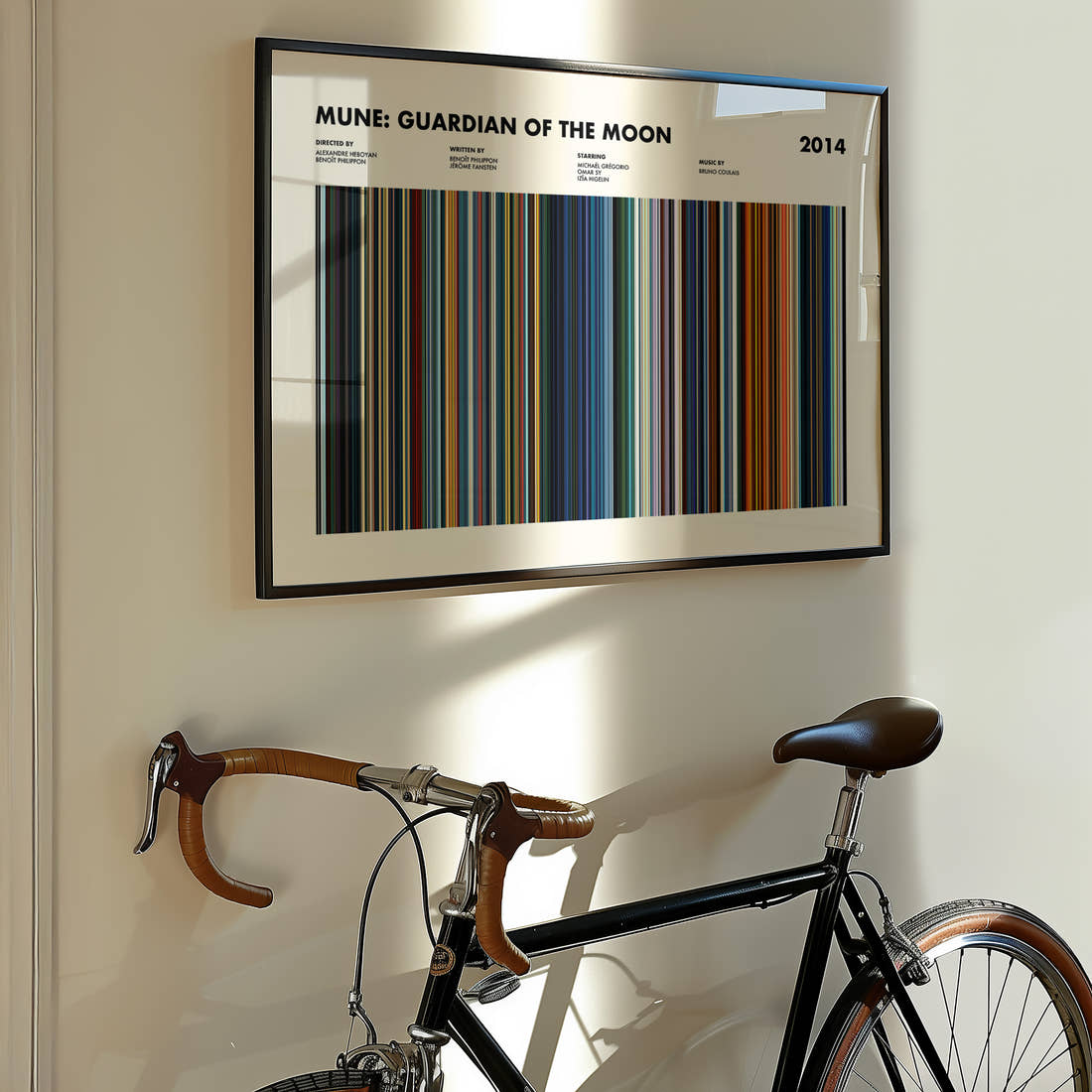Mune Guardian of the Moon Movie Barcode Poster framed on the wall of a styled room setting