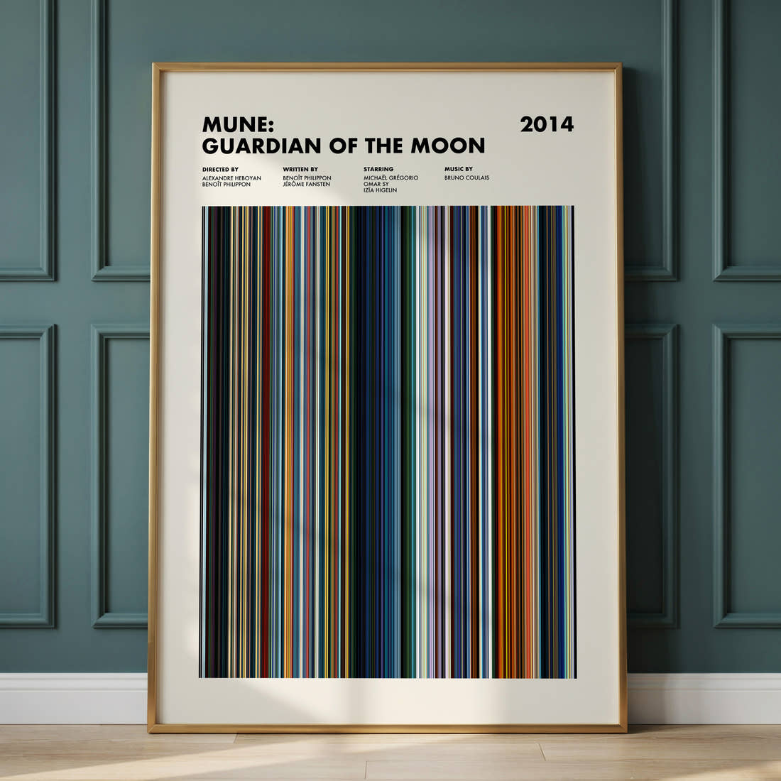 Mune Guardian of the Moon Movie Barcode Poster framed and leaning against a panelled wall