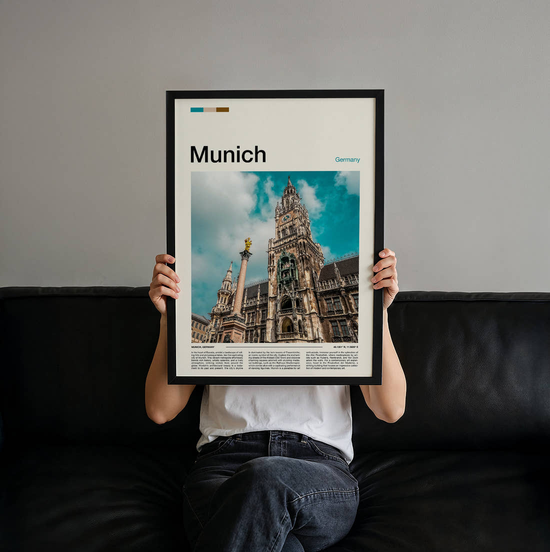 Munich New Town Hall Travel Print held up by hand to show the size of the print