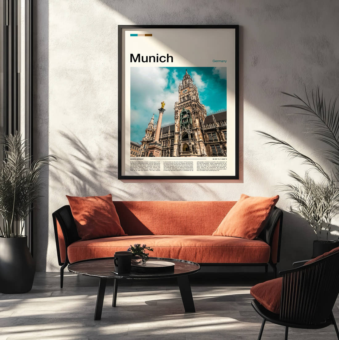 Munich New Town Hall Travel Print framed on the wall of a modern living room