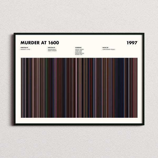 Murder at 1600 Movie Barcode Poster framed and photographed straight on