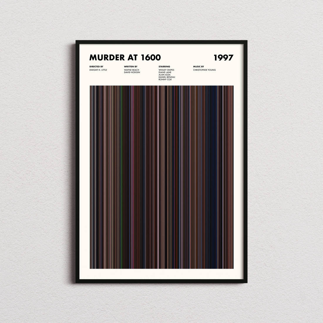 Murder at 1600 Movie Barcode Poster framed on a plain studio wall