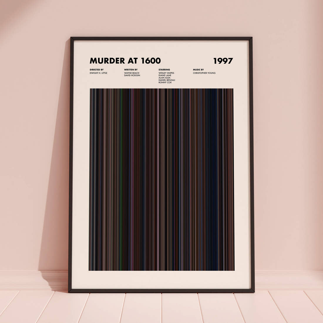 Murder at 1600 Movie Barcode Poster framed and leaning against a coloured wall