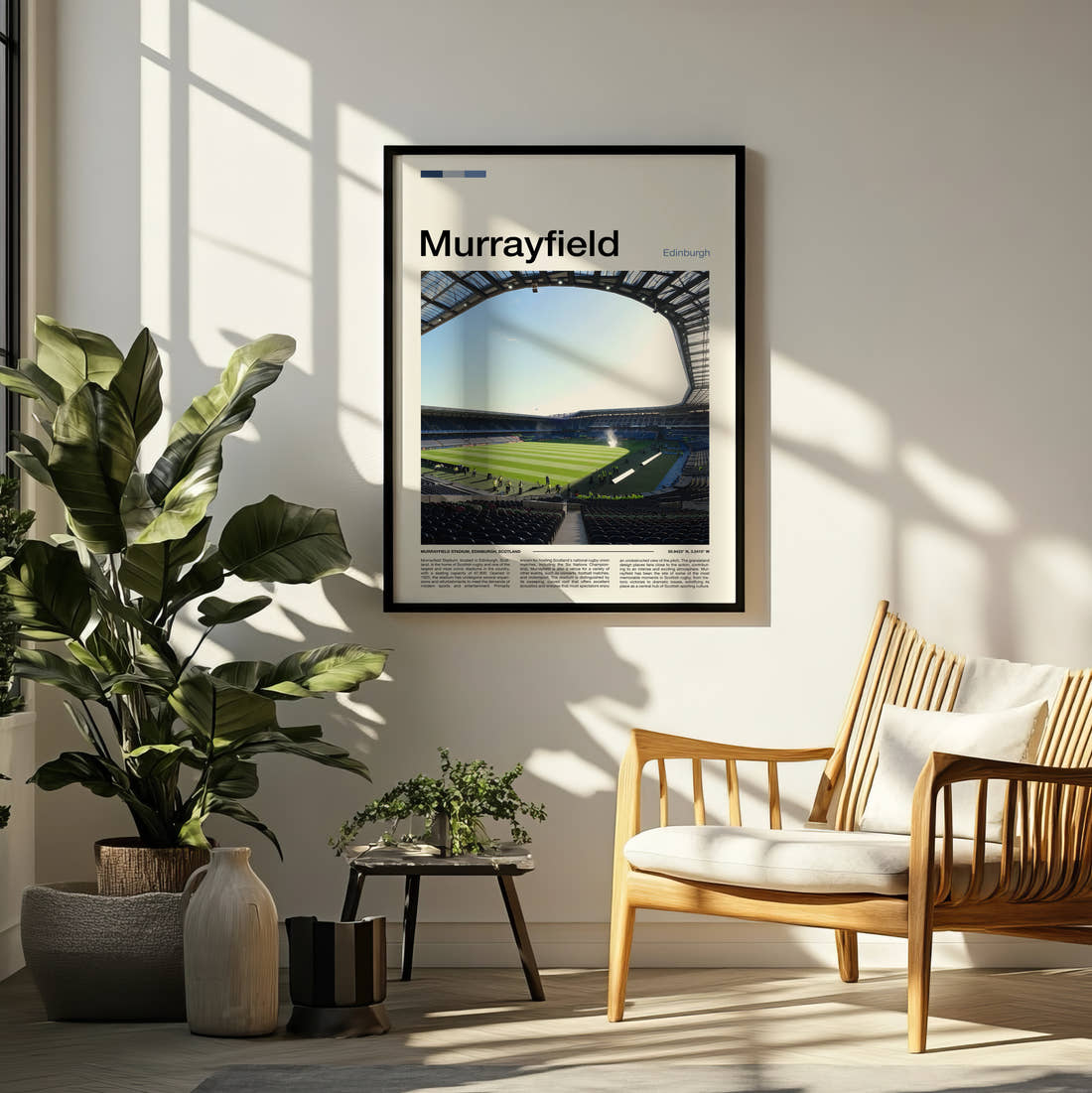 Murrayfield Stadium Print framed on a pale wall beside houseplants