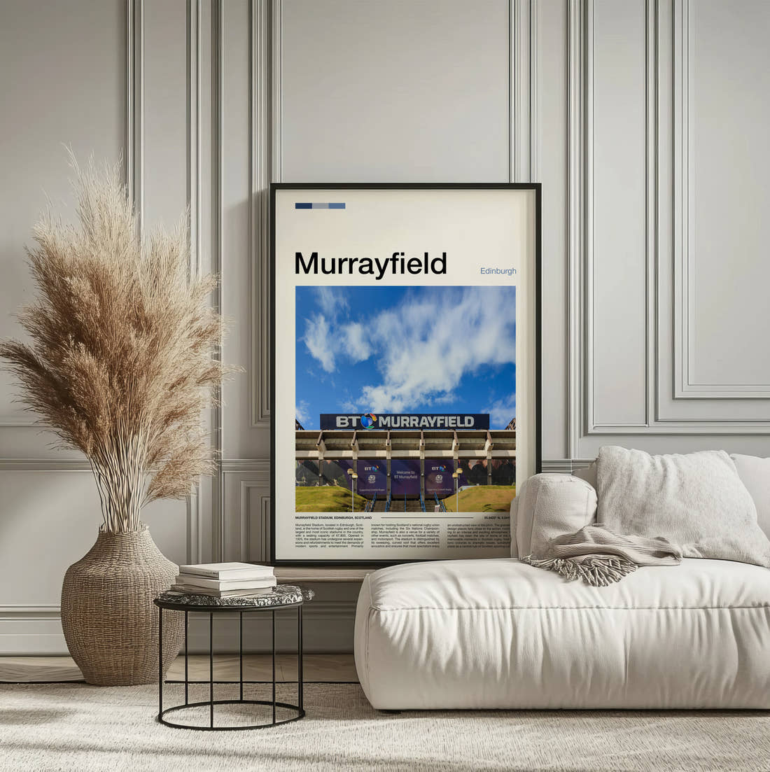 Murrayfield Stadium Print framed on the wall of a calm, neutral bedroom