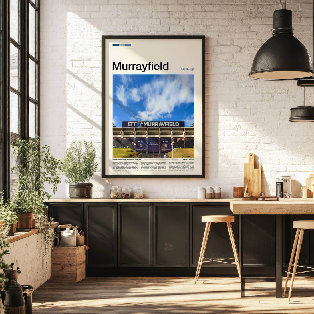 Murrayfield Stadium Print framed on the wall of a bright kitchen and dining space