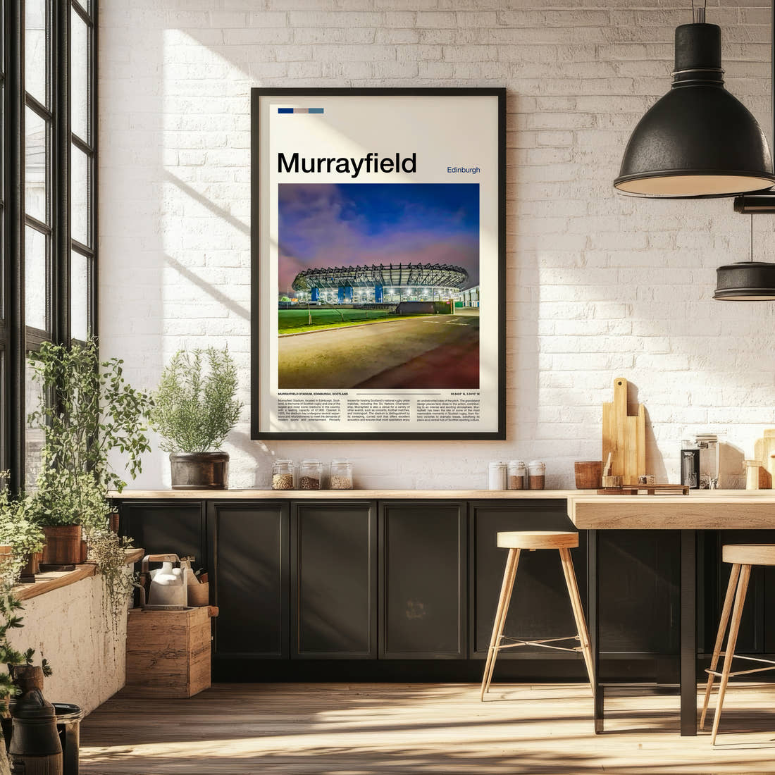 Murrayfield Stadium Print framed on the wall of a bright kitchen and dining space