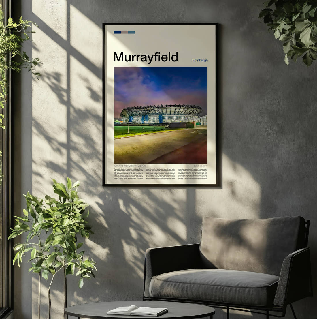 Murrayfield Stadium Print framed on the wall of a relaxed living room