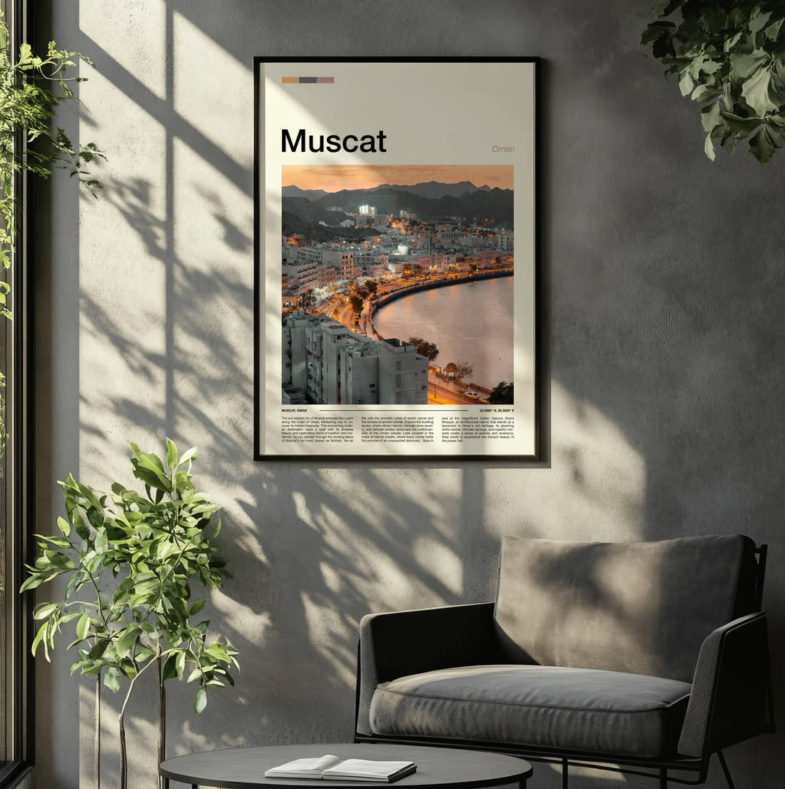 Muscat Coastal Bay At Dusk Travel Print framed on the wall of a relaxed living room