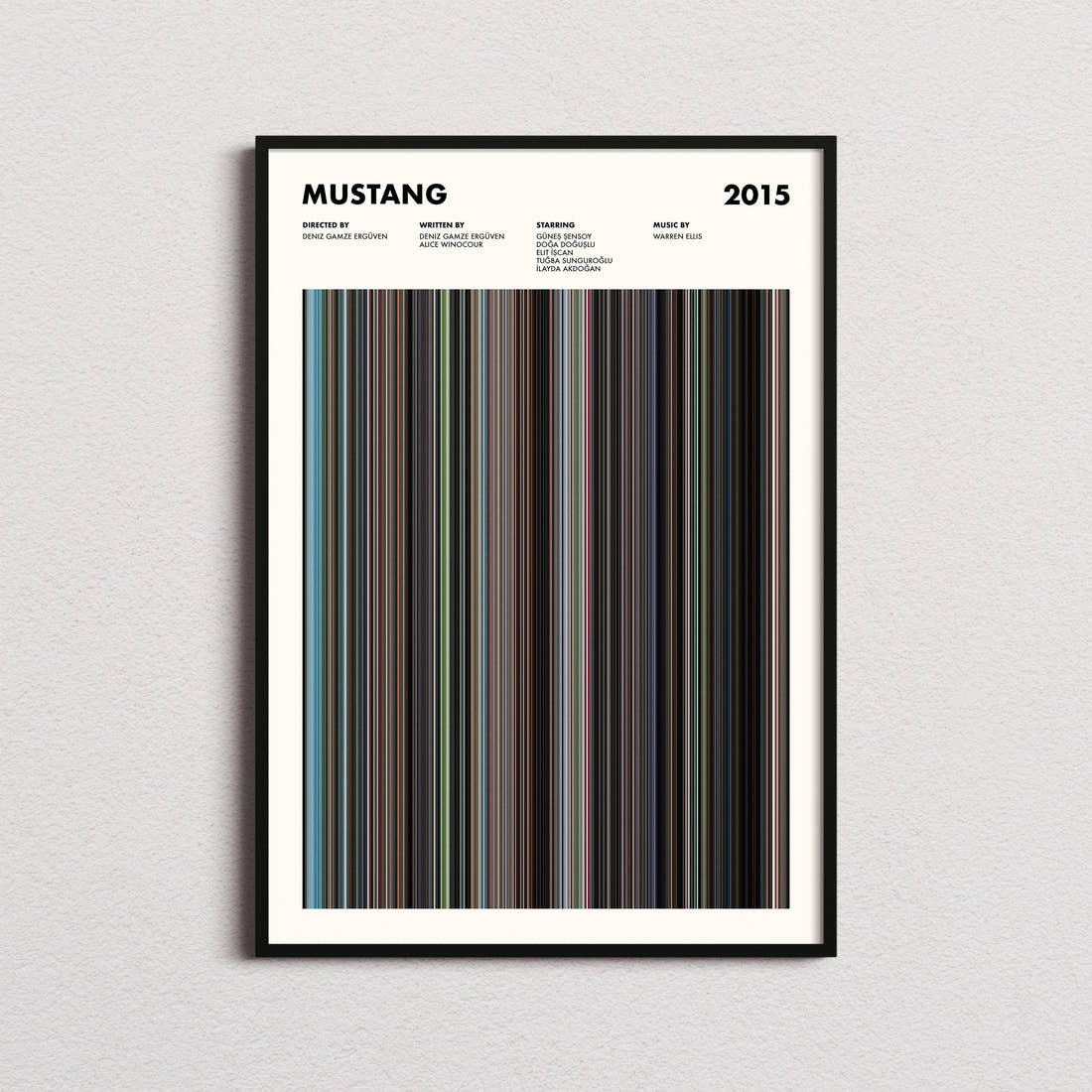 Mustang Movie Barcode Poster framed on a plain studio wall