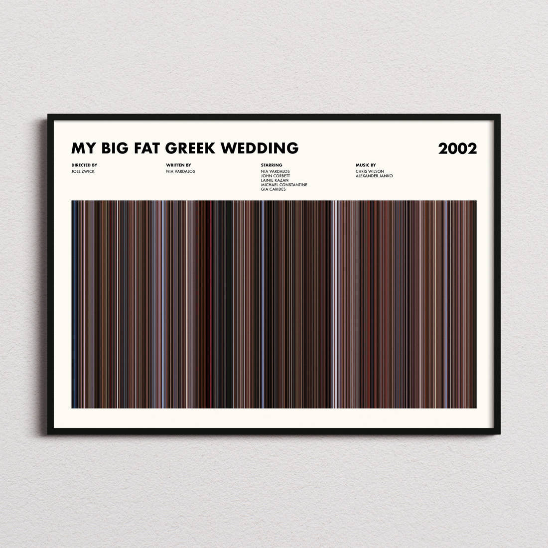 My Big Fat Greek Wedding Movie Barcode Poster framed and photographed straight on