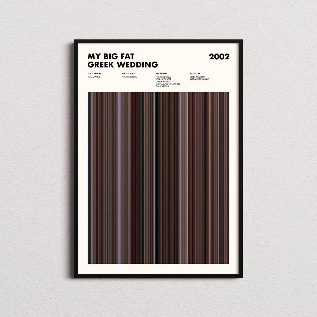 My Big Fat Greek Wedding Movie Barcode Poster framed on a plain studio wall