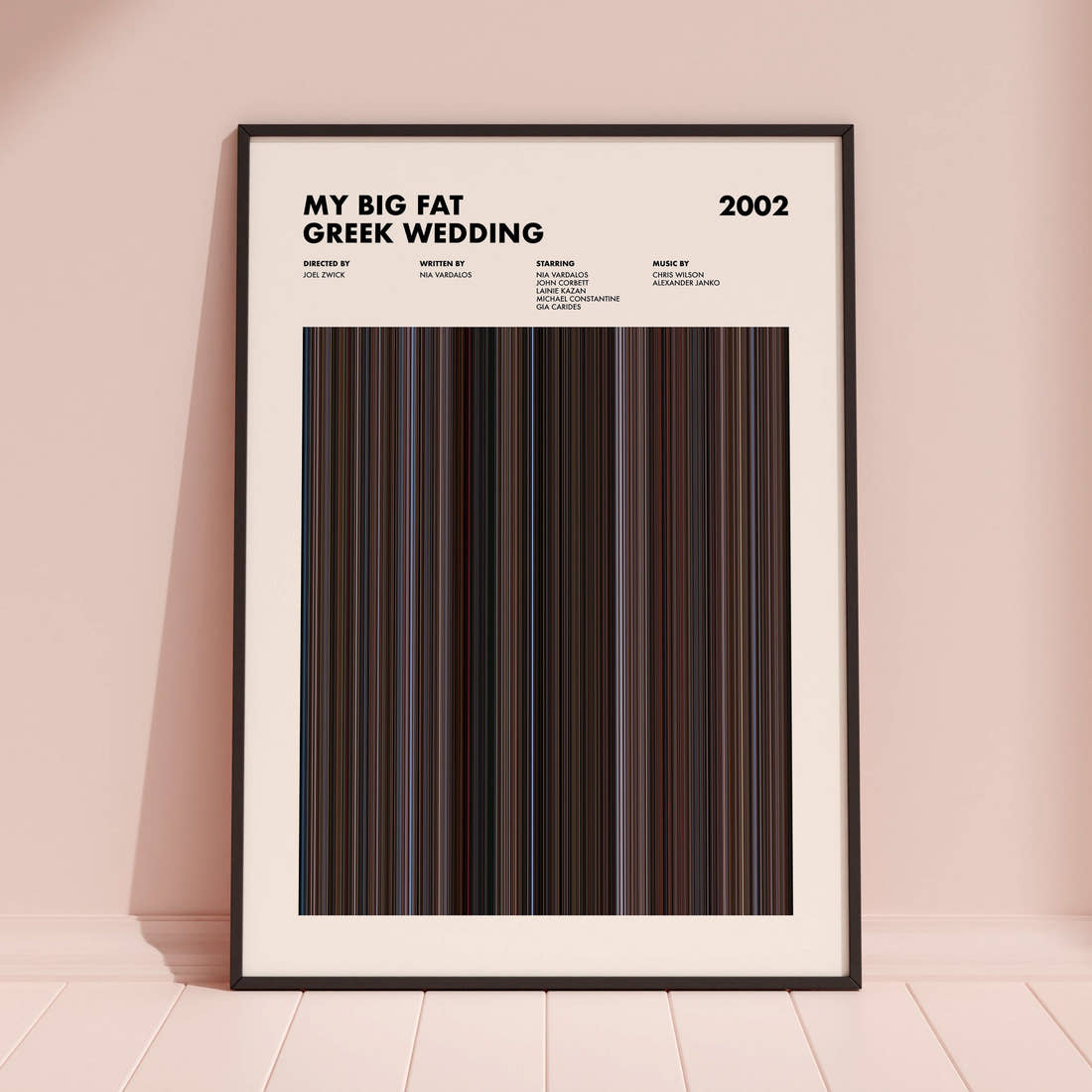 My Big Fat Greek Wedding Movie Barcode Poster framed and leaning against a coloured wall