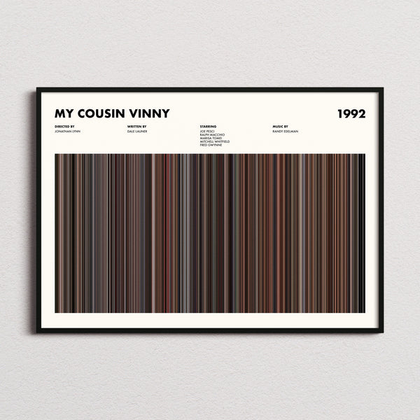 My Cousin Vinny Movie Barcode Poster framed and photographed straight on
