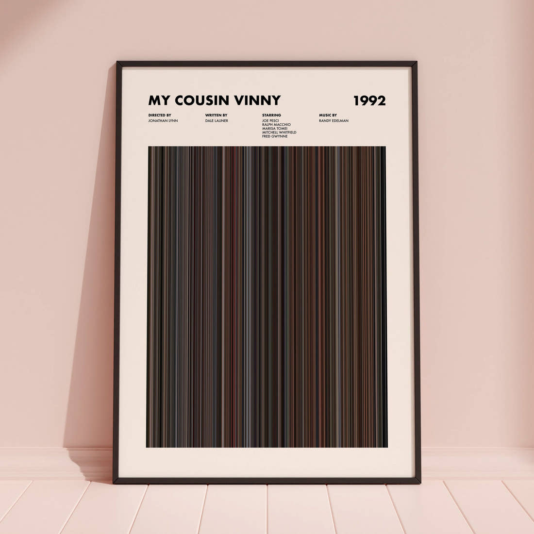 My Cousin Vinny Movie Barcode Poster framed and leaning against a coloured wall