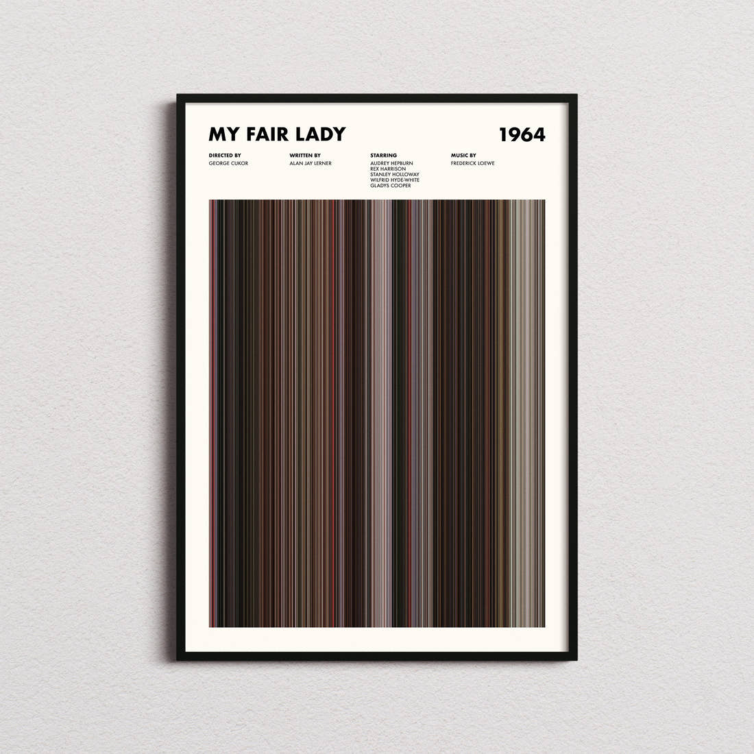 My Fair Lady Movie Barcode Poster framed on a plain studio wall
