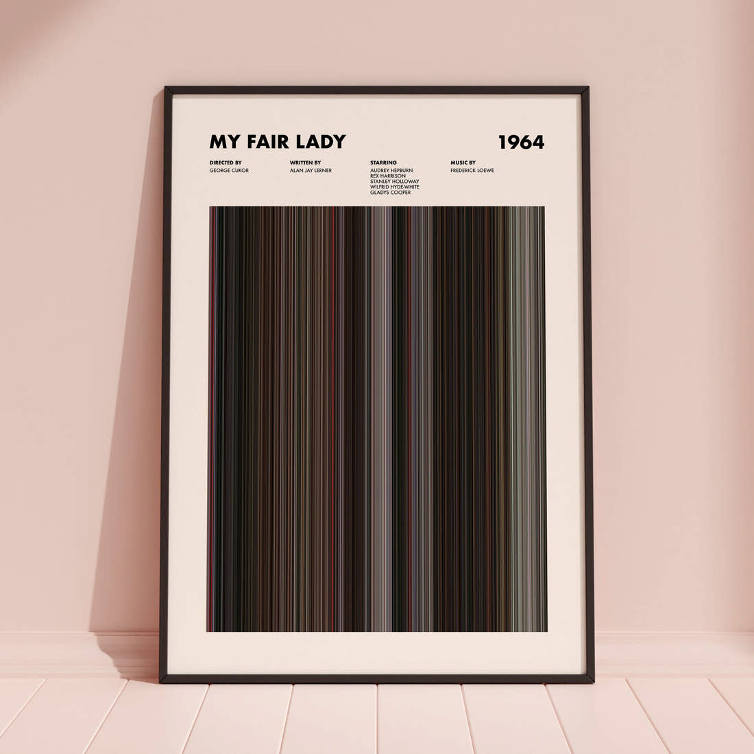 My Fair Lady Movie Barcode Poster framed and leaning against a coloured wall