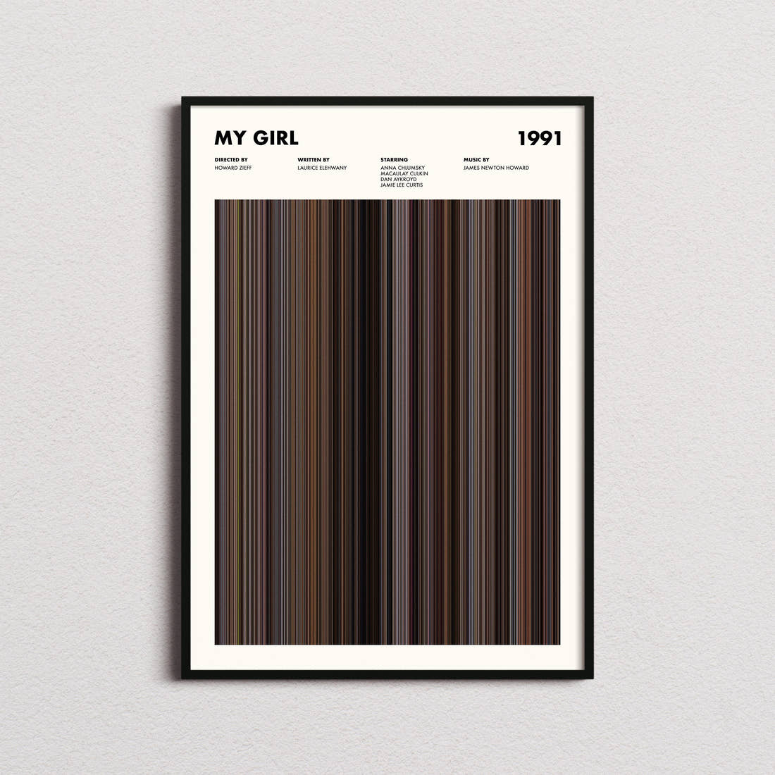 My Girl Movie Barcode Poster framed on a plain studio wall