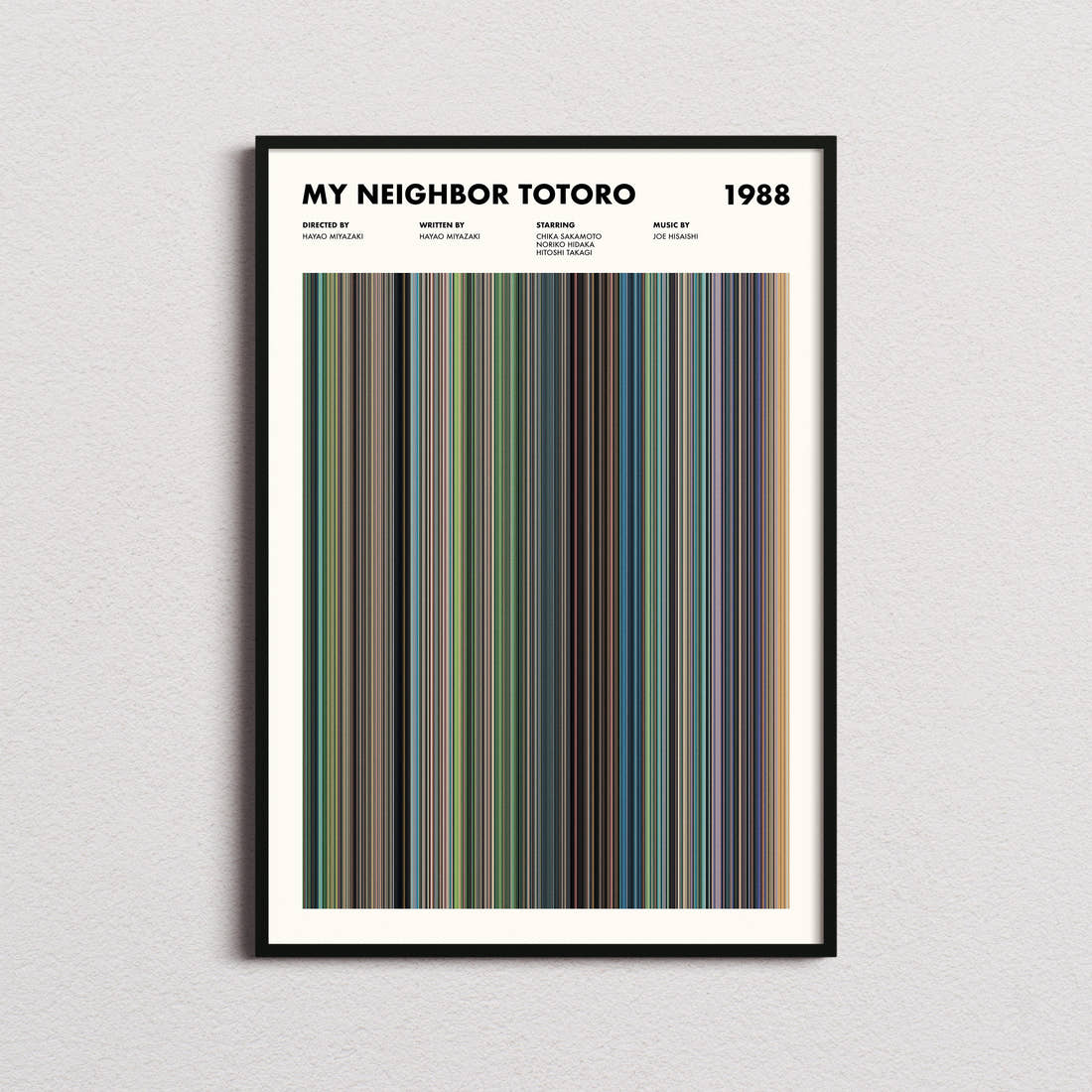 My Neighbor Totoro Movie Barcode Poster framed on a plain studio wall