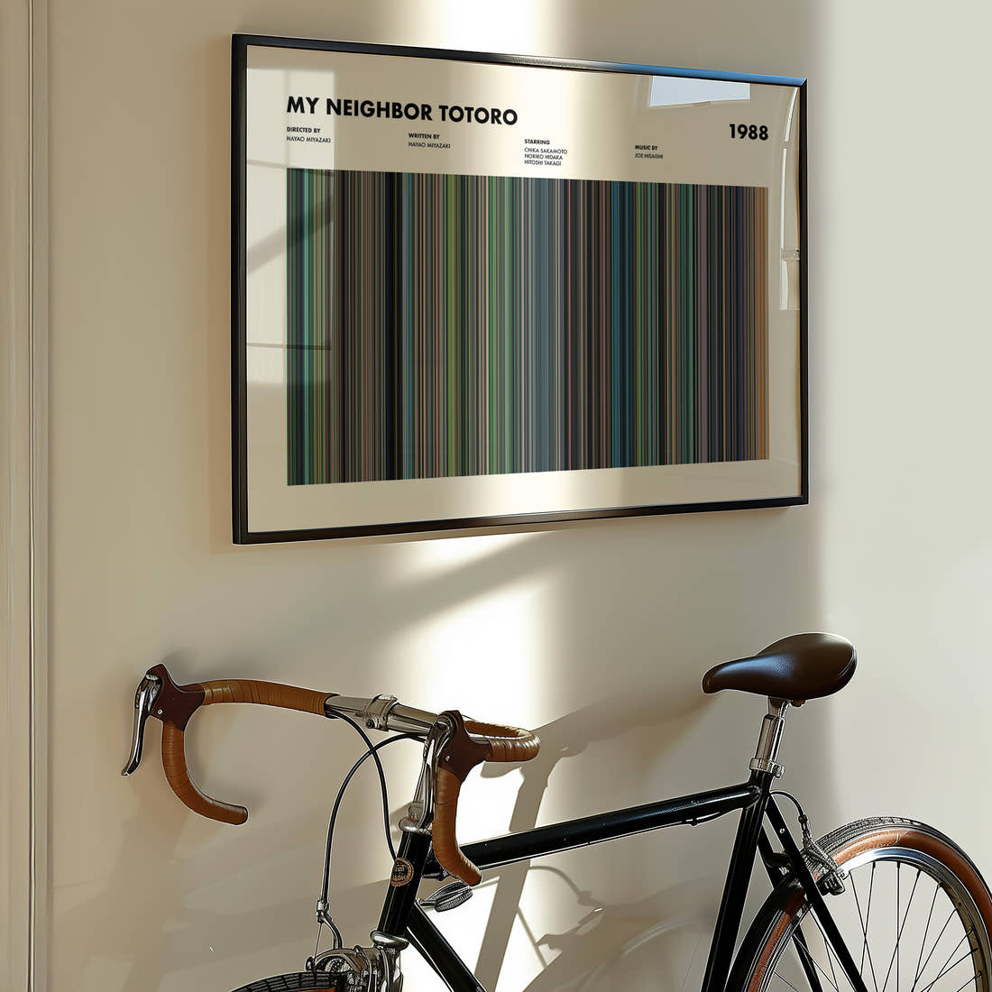 My Neighbor Totoro Movie Barcode Poster framed on the wall of a styled room setting