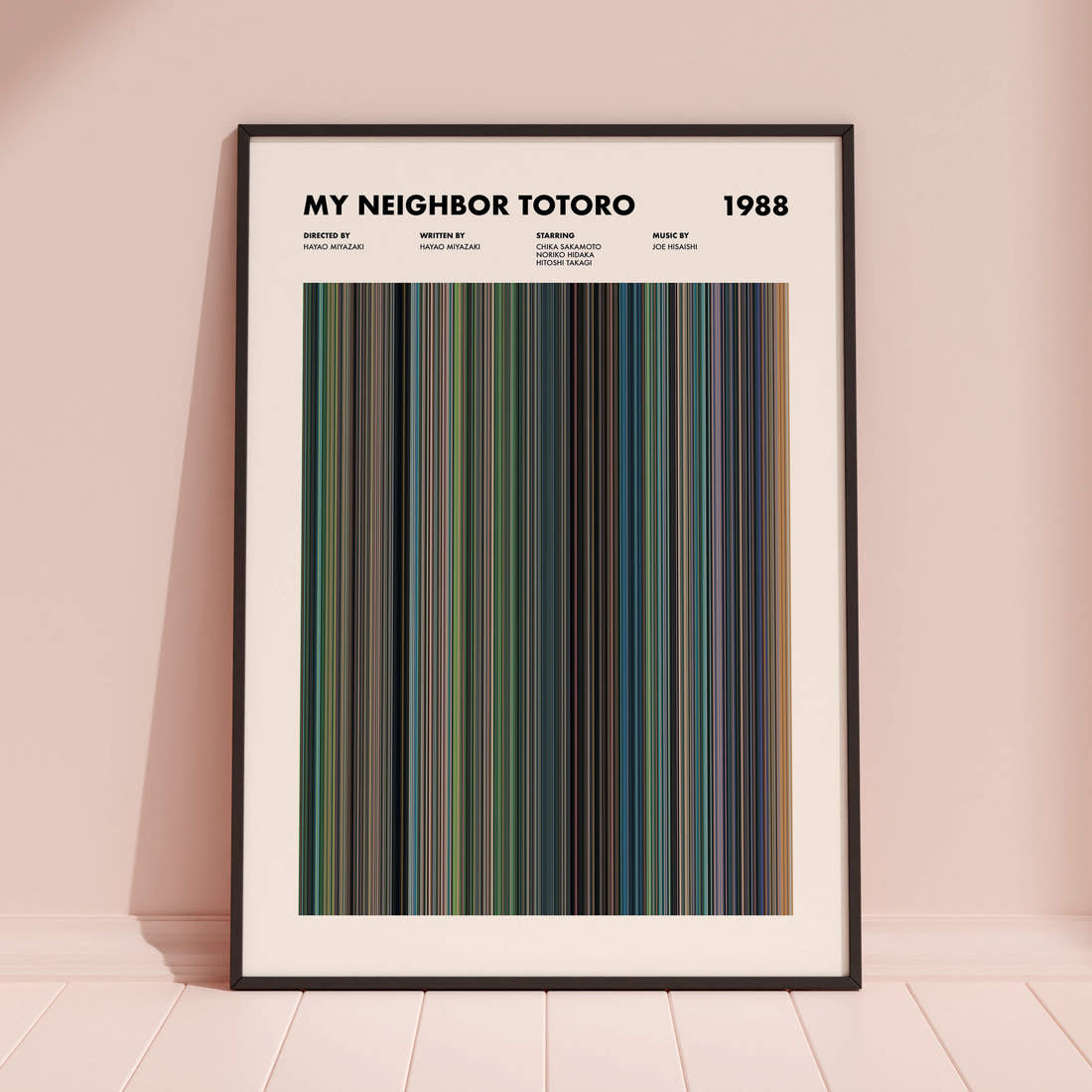 My Neighbor Totoro Movie Barcode Poster framed and leaning against a coloured wall