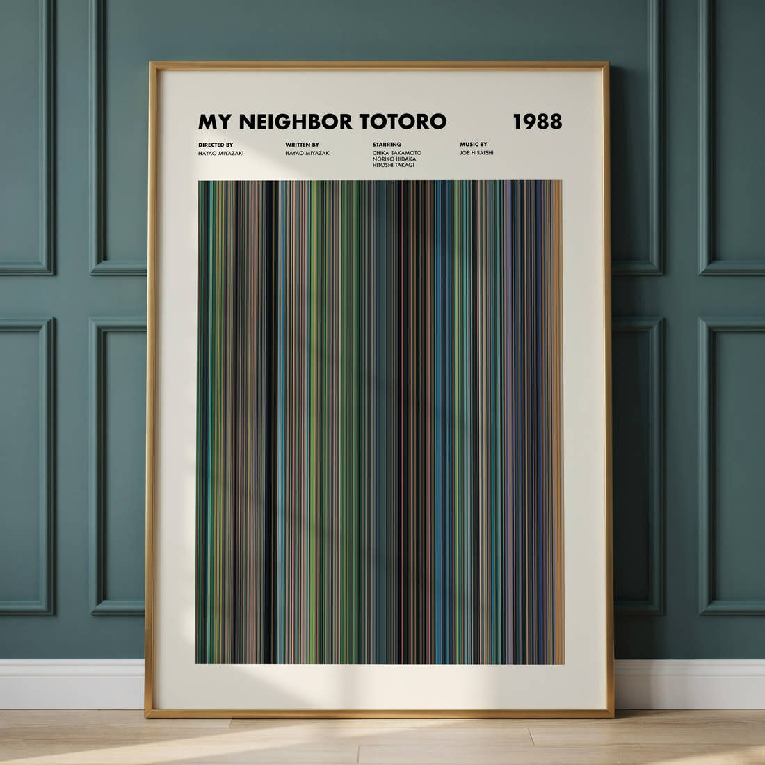 My Neighbor Totoro Movie Barcode Poster framed and leaning against a panelled wall