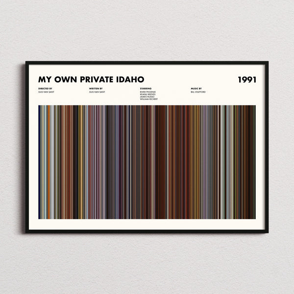 My Own Private Idaho Movie Barcode Poster framed and photographed straight on