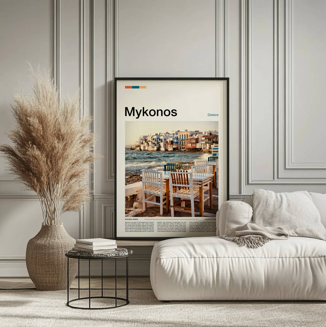 Mykonos Seaside Tables And Chairs Travel Print framed on the wall of a calm, neutral bedroom
