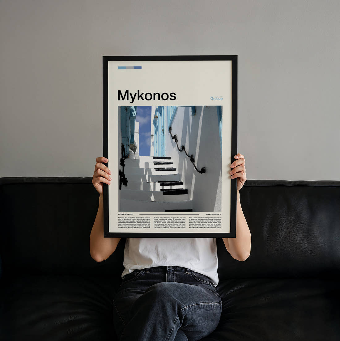 Mykonos Whitewashed Steps Travel Print held up by hand to show the size of the print