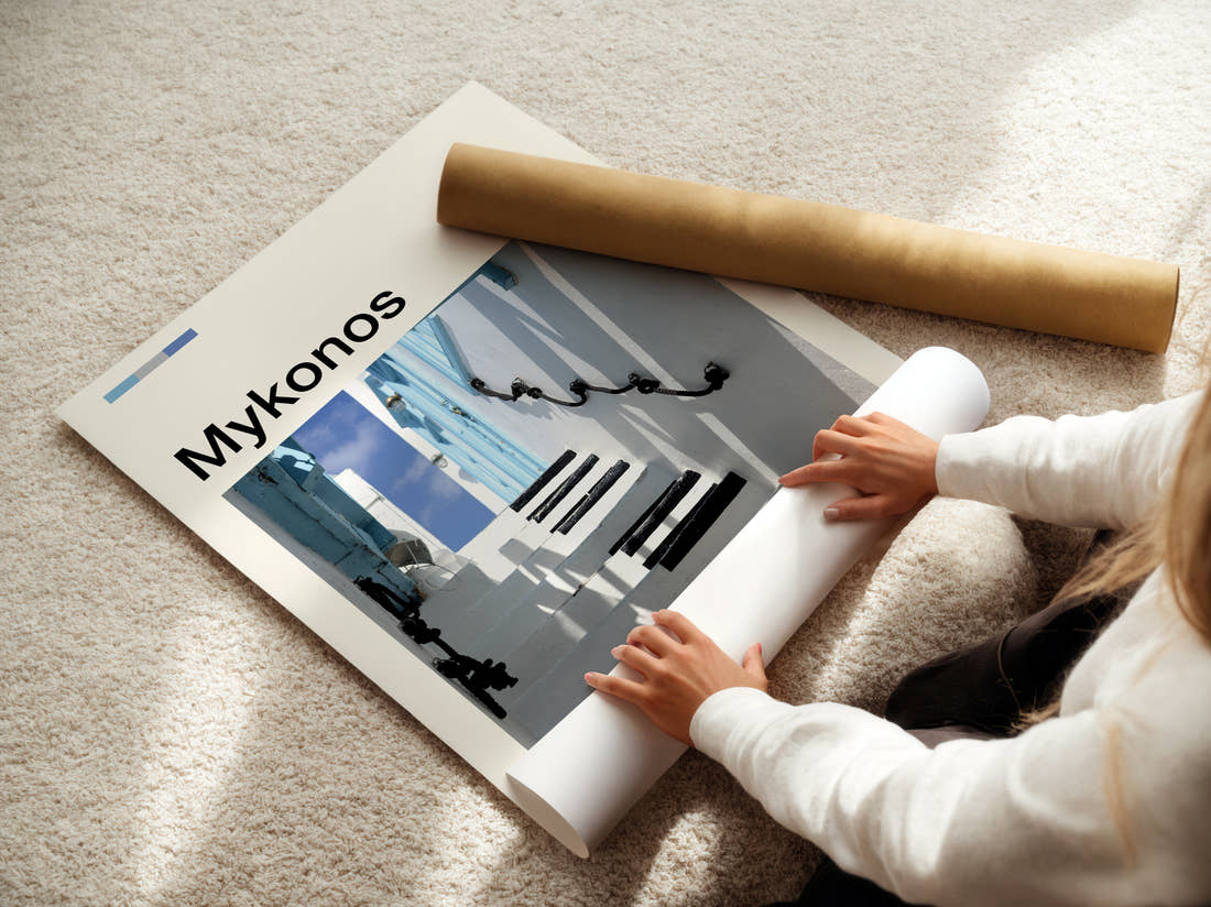 Mykonos Whitewashed Steps Travel Print being unrolled from its postal tube