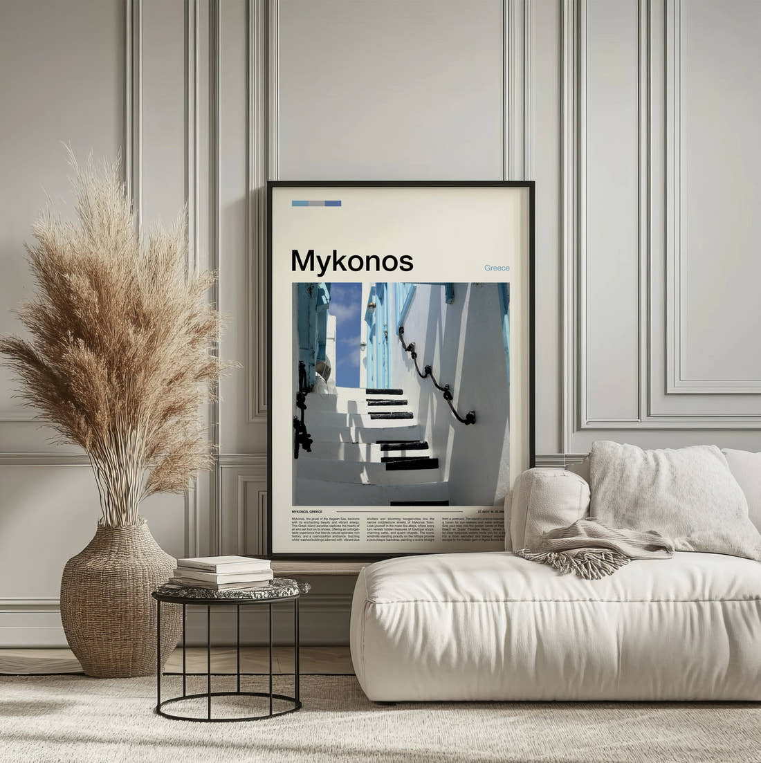 Mykonos Whitewashed Steps Travel Print framed on the wall of a calm, neutral bedroom