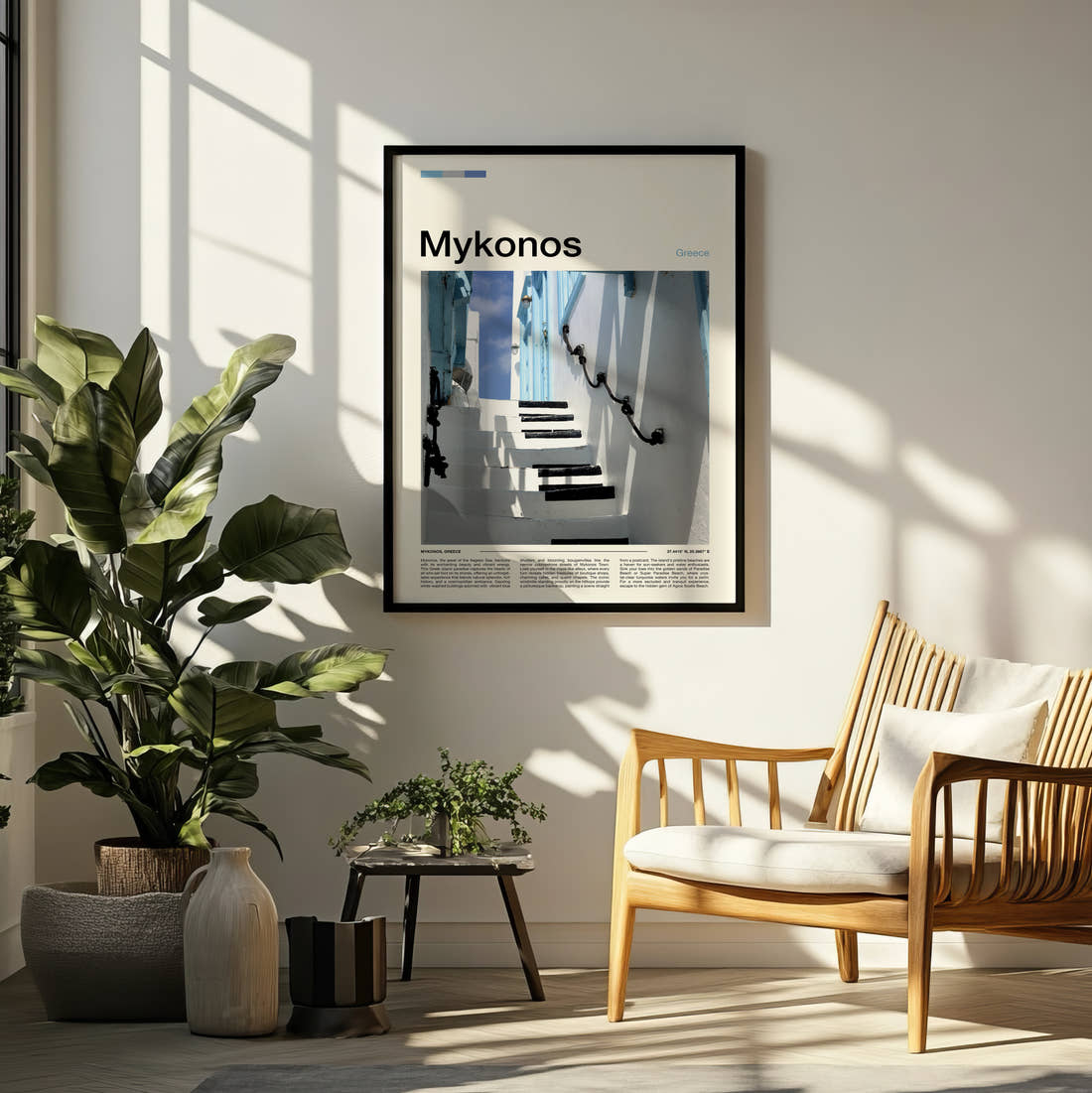 Mykonos Whitewashed Steps Travel Print framed on a pale wall beside houseplants