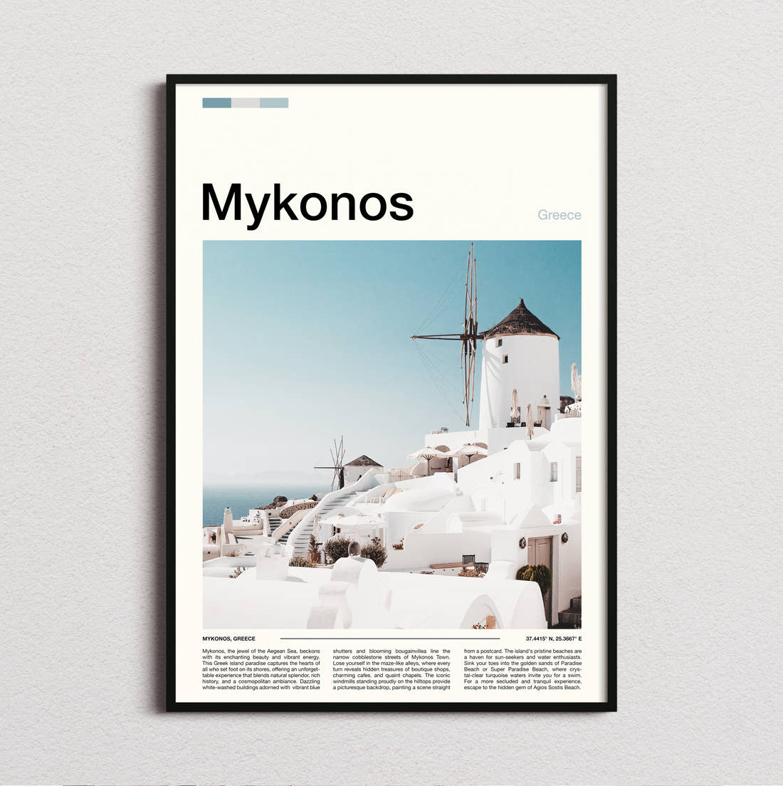 Mykonos Hilltop Windmills Travel Print framed and photographed straight on